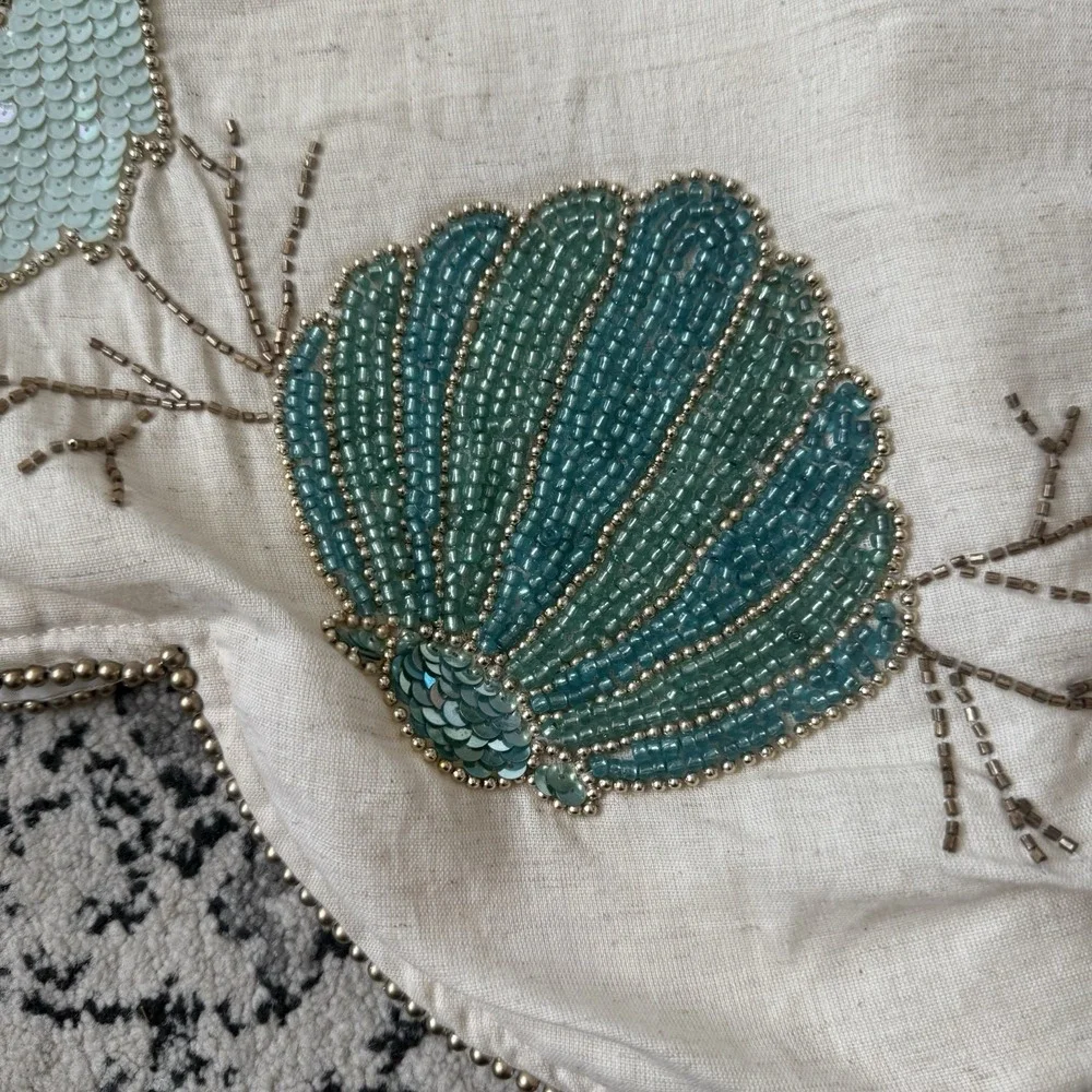 Pier 1 Imports Sequined Beaded Round Tree Skirt Coastal Beach Christmas Shells